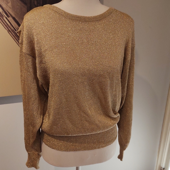 Vintage Dramatic Gold Lame Lurex Draped Open Back Evening Sweater | Sz 12-14 - Picture 6 of 13
